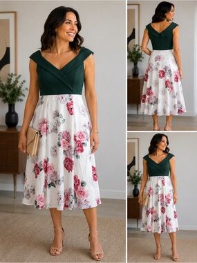 Suzy Shier Green and White Floral Midi Dress